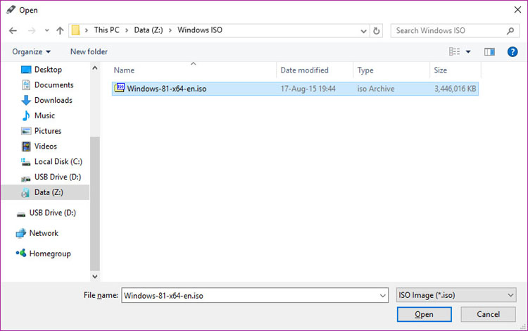 rufus select the windows iso image dialog box