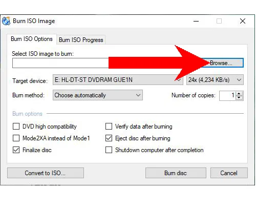 burn dvd recovery iso select