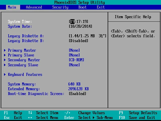 BIOS setup page