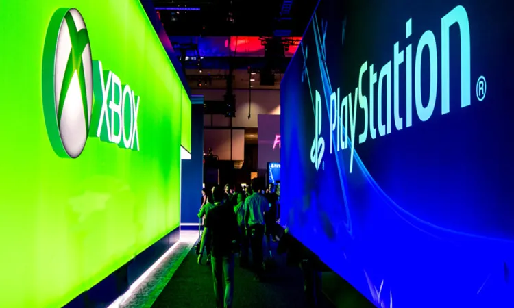 Giant Xbox logo and giant PS4 logo at E3