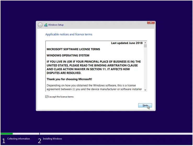 accept the windows license agreement