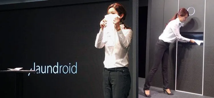 two separate views of a woman demonstrating laundroid at ceatec